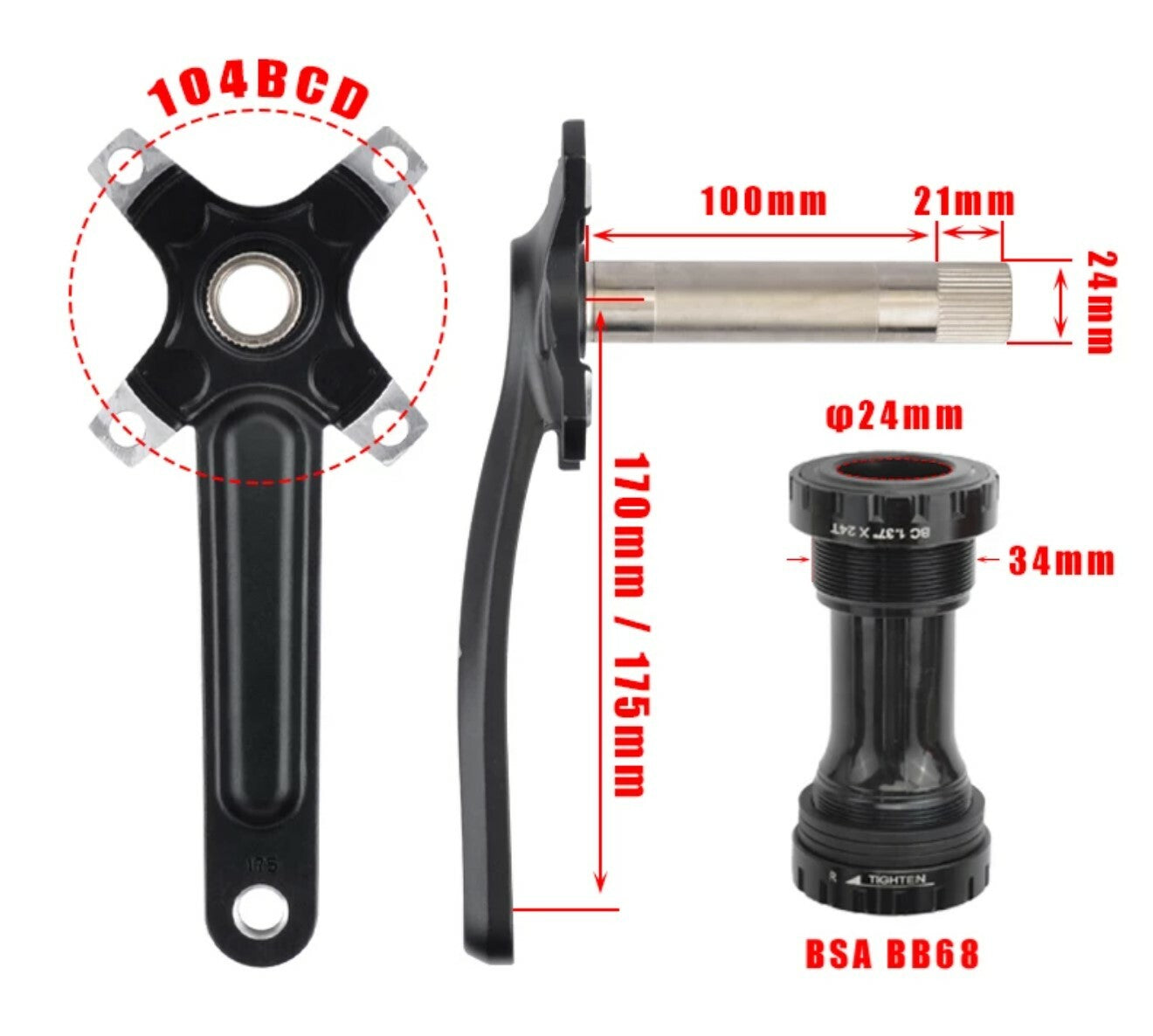Raceworks 104BCD 32T MTB Bike Crankset & BB Narrow Wide Chainring 170mm